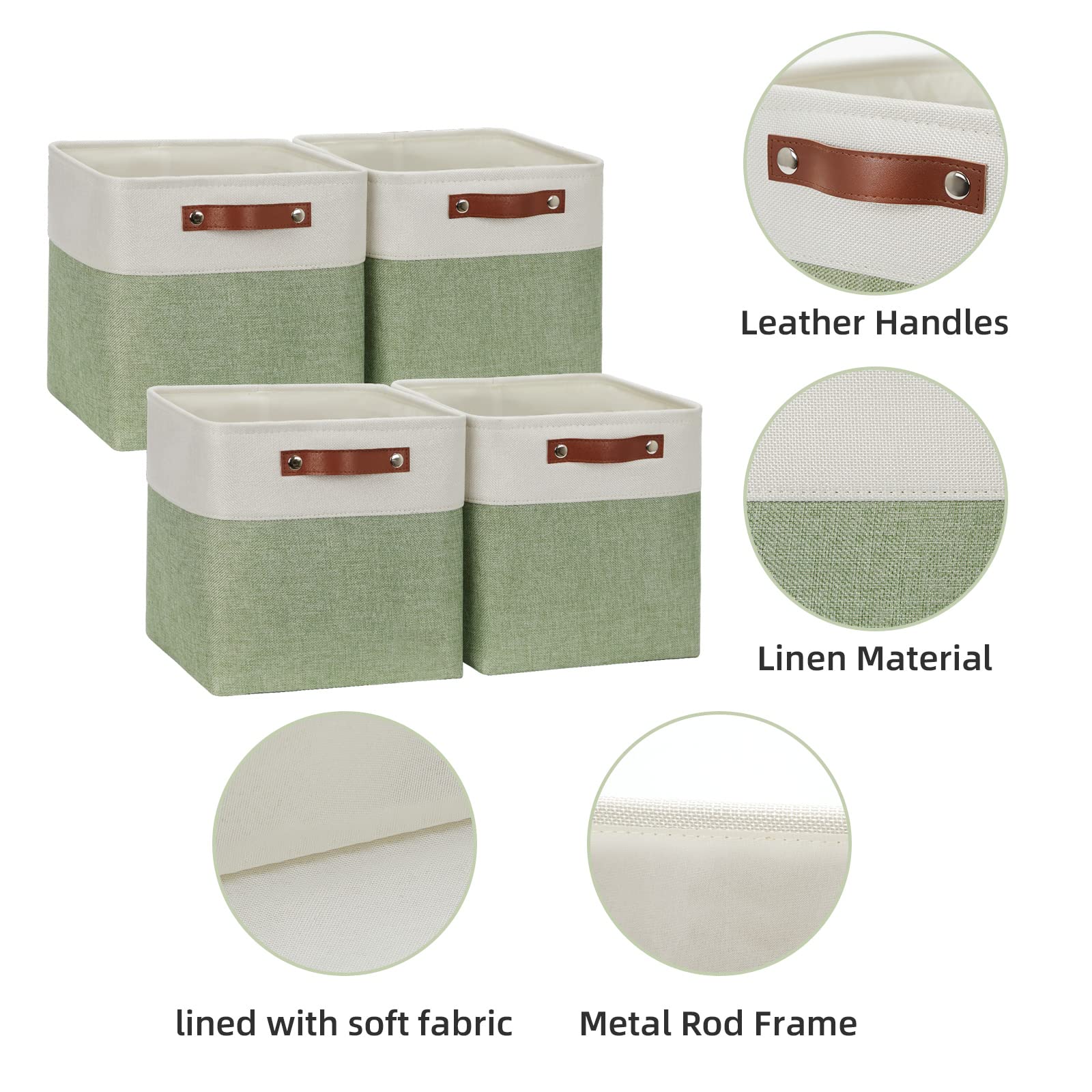 HNZIGE 11x11 Inch Fabric Cube Storage Bins - Set of 4 Foldable Organizer Baskets with Handles for Shelves, Closet, Nursery & Bedroom - Perfect for Home Organization, Toys & Clothes Storage (Green & White)