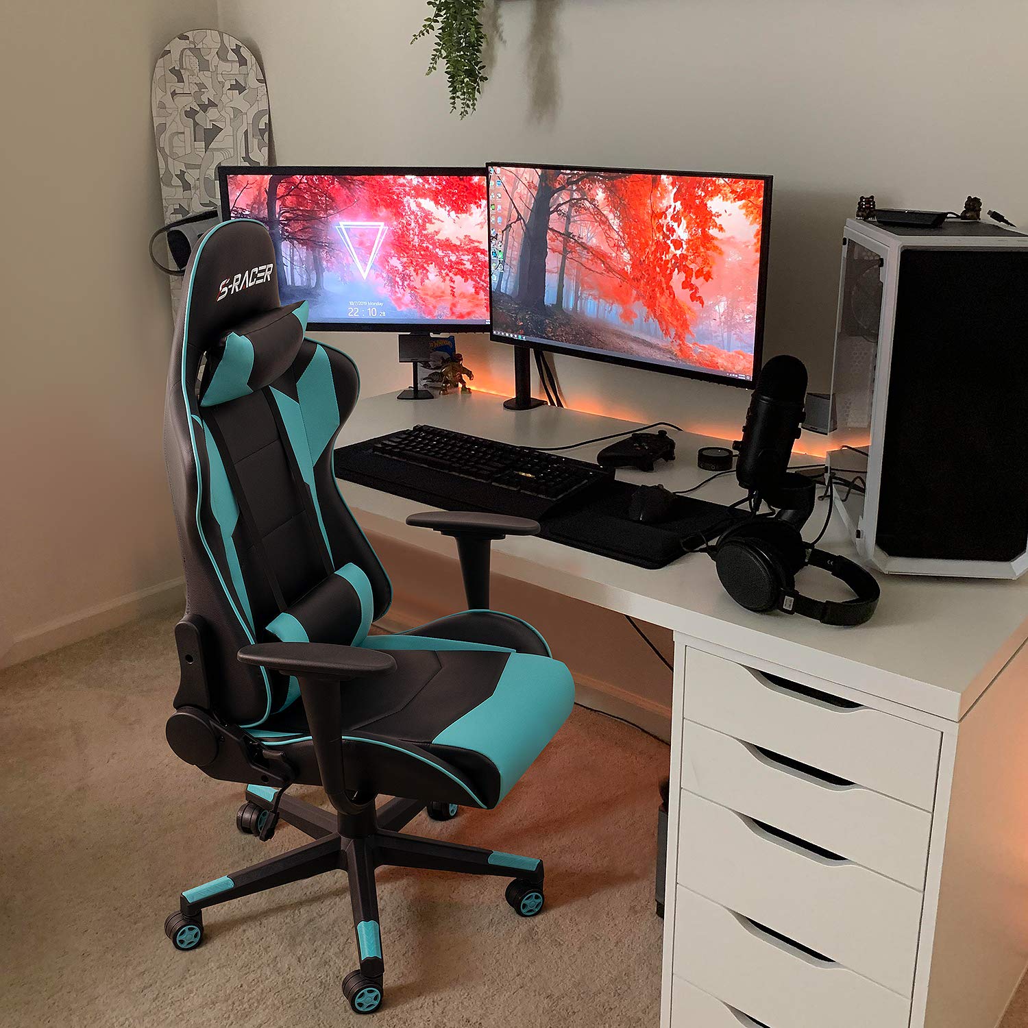 Homall Ergonomic Gaming Chair - High Back Office Chair with Adjustable Headrest & Lumbar Support, Leather Computer Desk Chair for Racing, Executive & Home Use (Cyan) - Perfect for Gaming, Working & Relaxing
