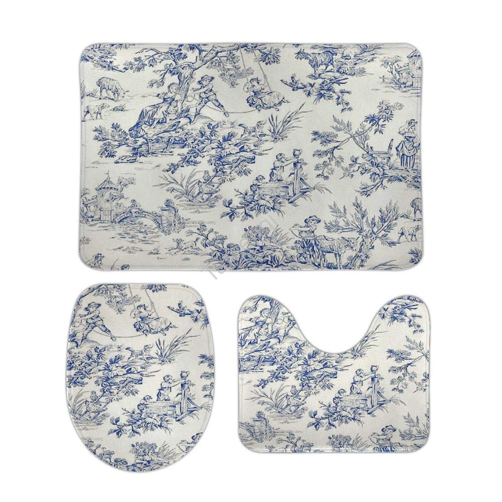 Tamengi Non-Slip Bath Mats Set of 3 - Soft French Toile Design Bathroom Rugs, 20x32 Inches, Blue - Includes Toilet Lid Cover & Floor Mat - Perfect for Bathroom, Shower & Vanity Areas