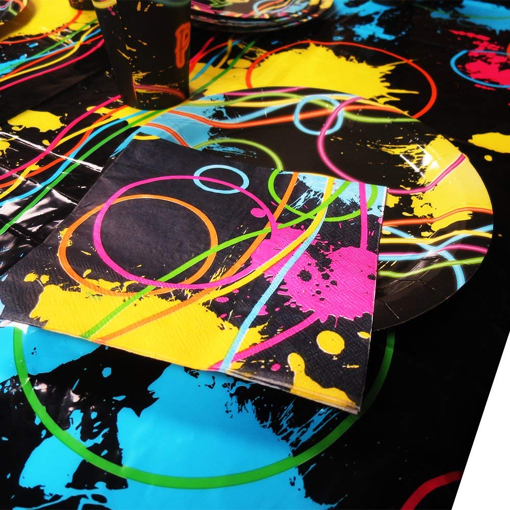 Blue Orchards Glow Party Supplies Pack for 16 Guests - Neon Plates, Blacklight Party Decorations & Birthday Party Essentials | Perfect for Neon Themed Birthday Parties, Rave Events & Glow-in-the-Dark Celebrations