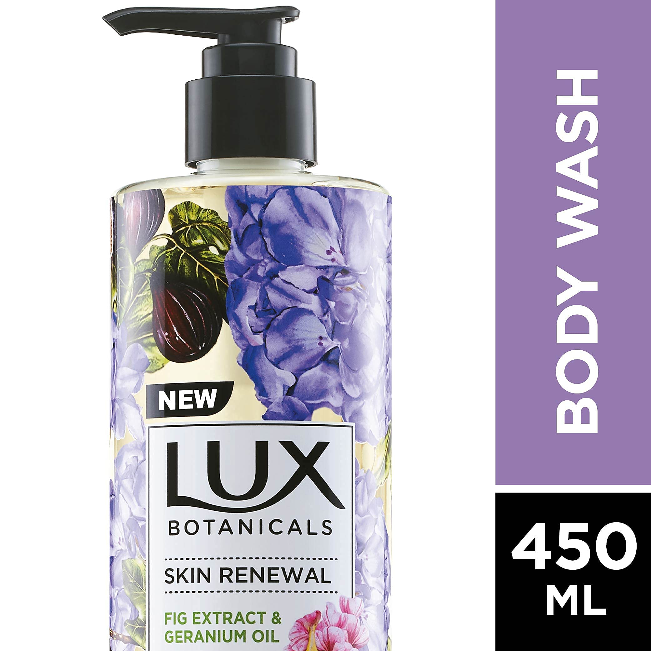 Lux Botanicals Skin Renewal Body Wash with Geranium Oil & Fig Extract - 100% Natural Moisturizing & Rejuvenating Shower Gel for Women - Nourishes & Brightens Skin - Fruity Floral Fragrance - Paraben-Free - 450 ml - Perfect for Daily Shower & Spa-Like Skin Care Routine