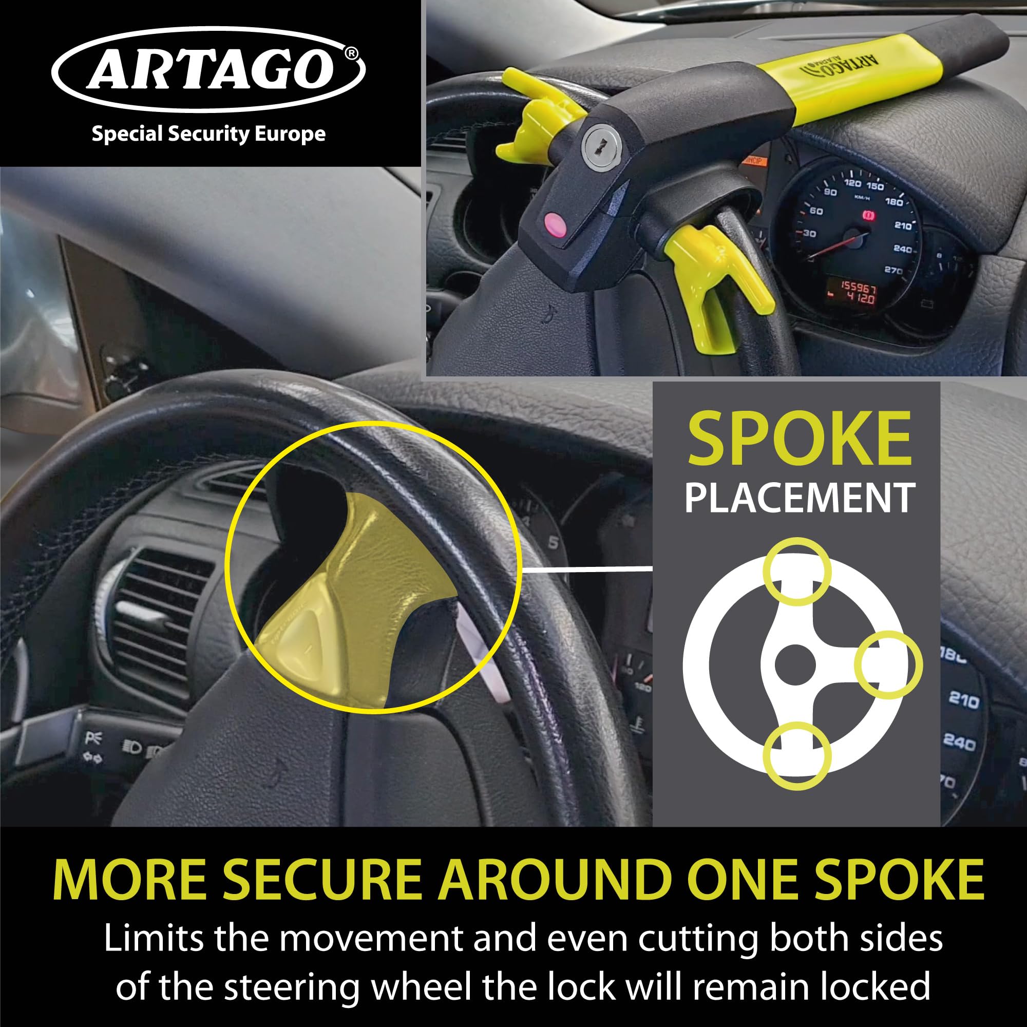 ARTAGO 870 Premium 2-in-1 Steering Wheel Lock with 120dB Alarm - Universal Anti-Theft Security Device for Cars, Trucks, Vans & Campers | Visible Deterrent with 'Don't Touch' Warning | Perfect for Parking Security & Vehicle Protection
