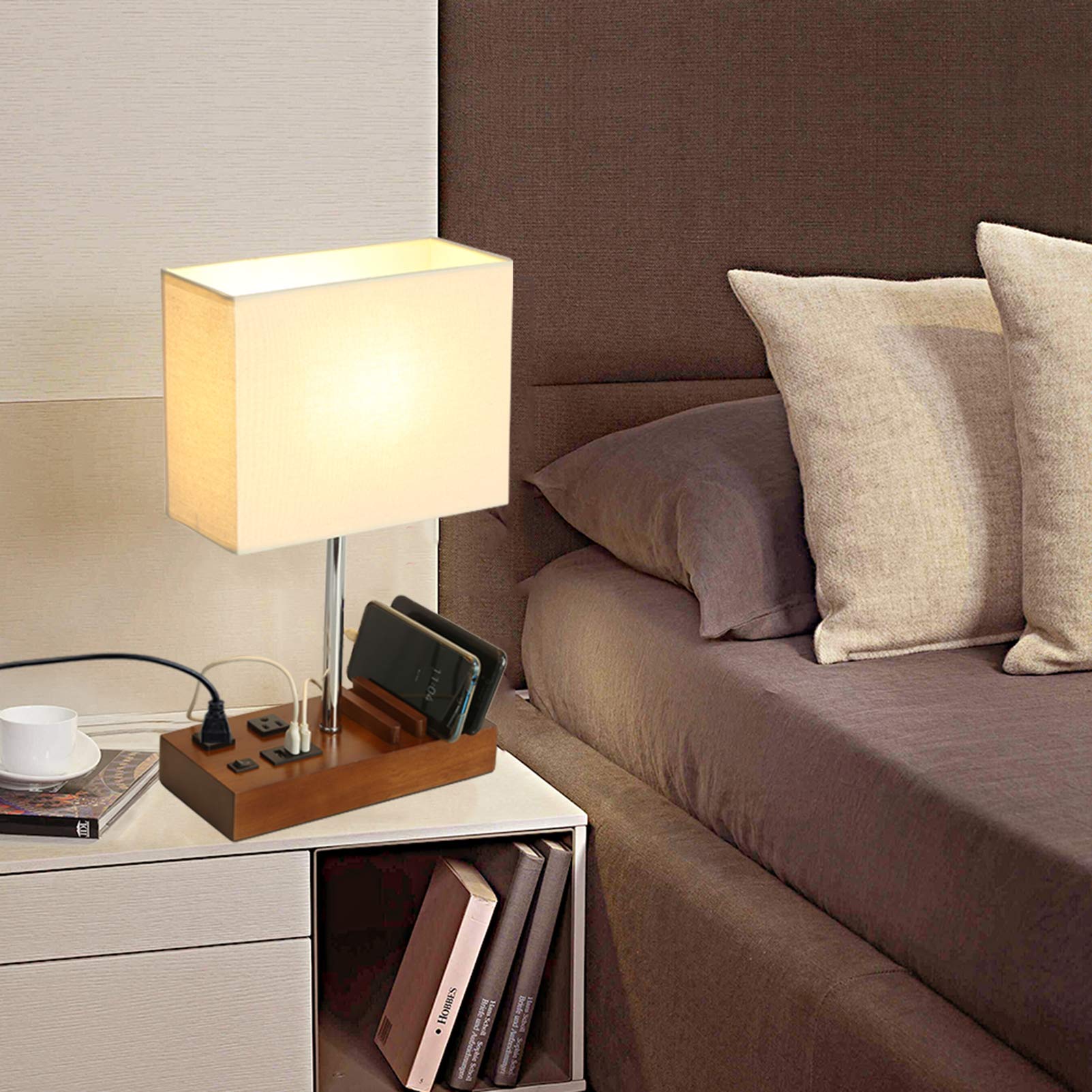 Briever USB Table Lamp with 2 AC Outlets & 3 USB Ports - Modern Multi-Functional Bedside Desk Lamp with Wooden Phone Stand - Perfect for Bedroom, Guest Room, Office & Study Lighting