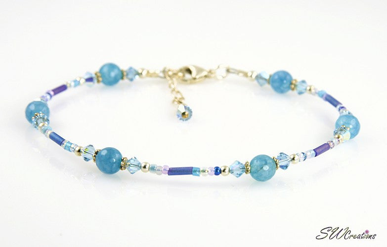 Aqua Blue Crystal Jade Beaded Anklet - Elegant Adjustable Ankle Bracelet for Women - Perfect for Beach, Yoga, and Boho Fashion Accessories