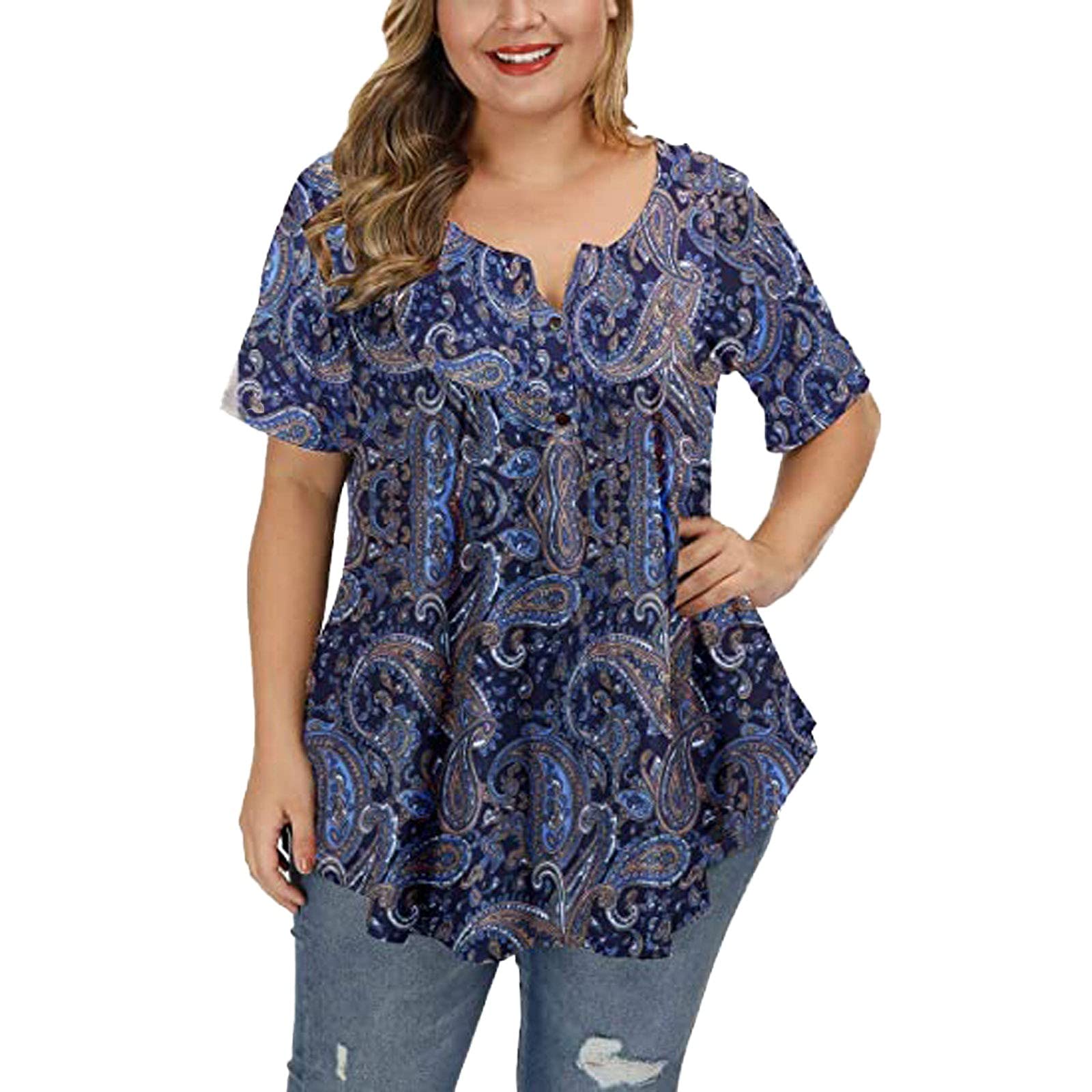 FMCHICO Women's Plus Size Summer Blouses - Flowy Henley V-Neck Button Up Tunic Tops with Ruffles & Short Sleeves | Casual Wear, Beach Outfits, Office Attire & Summer Vacation Clothes