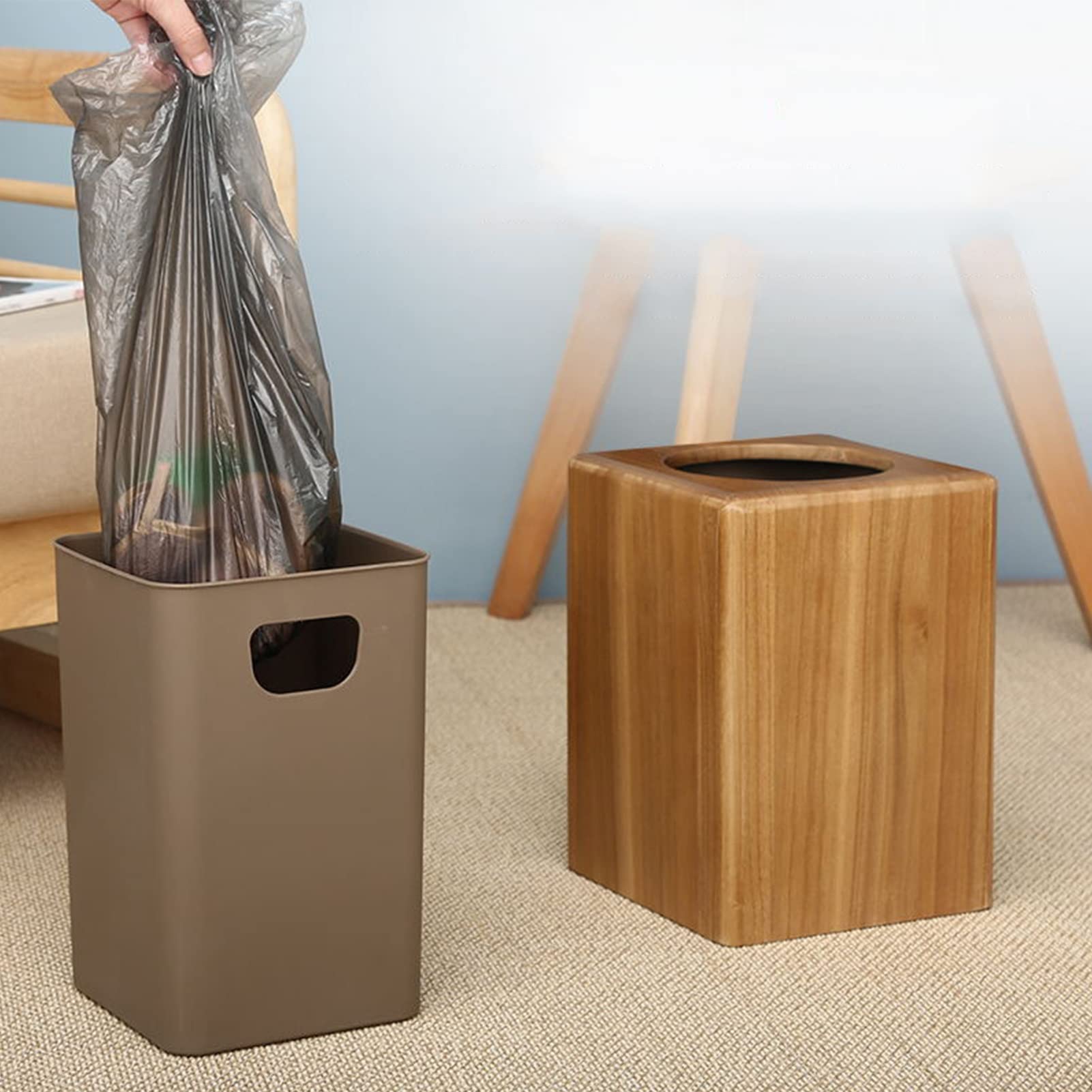 8L Teak Wooden Square Trash Can with Plastic Inner Liner - Stylish Kitchen Garbage Bin for Living Room, Office, Bathroom & Bedroom - Perfect Waste Basket for Home Storage and Organization