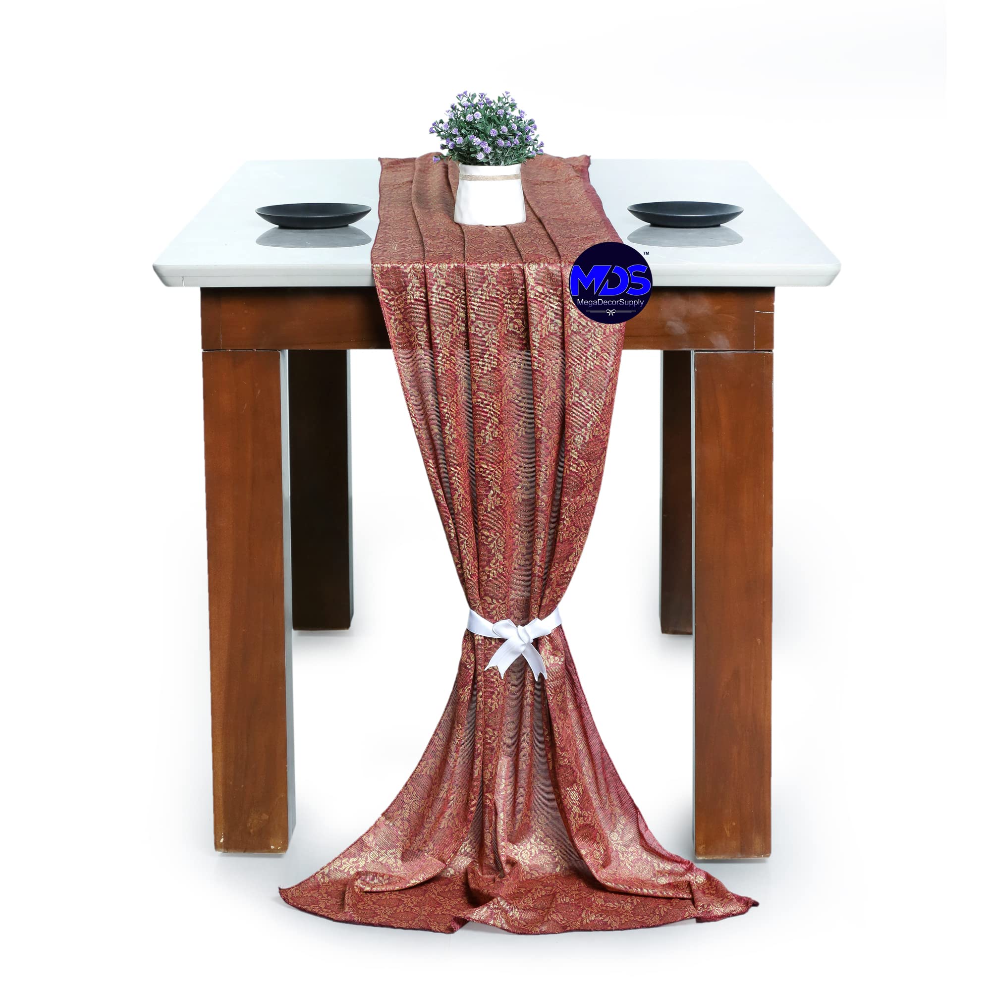 12-Pack Gold Foil Wedding Table Runners 20x120 Inch - Elegant Maroon Banquet Decor for 10ft Tables | Perfect for Wedding Receptions, Bridal Showers & Anniversary Celebrations