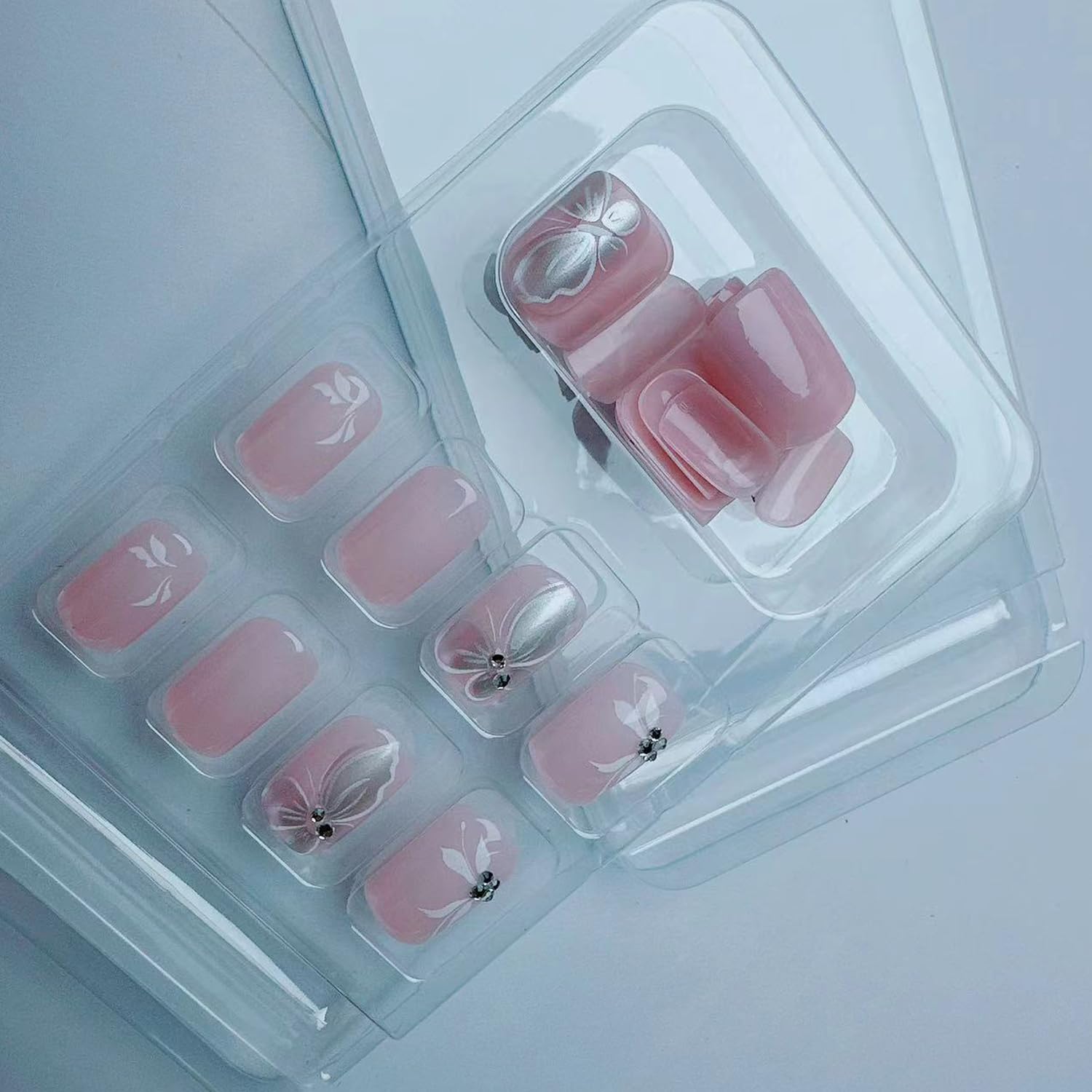Pink Butterfly Diamond Press on Nails - Short Acrylic Fake Nails with Sparkle Designs, Reusable Stick on Nails for Women & Girls (24Pcs) - Perfect for Parties, Weddings, and Everyday Glam
