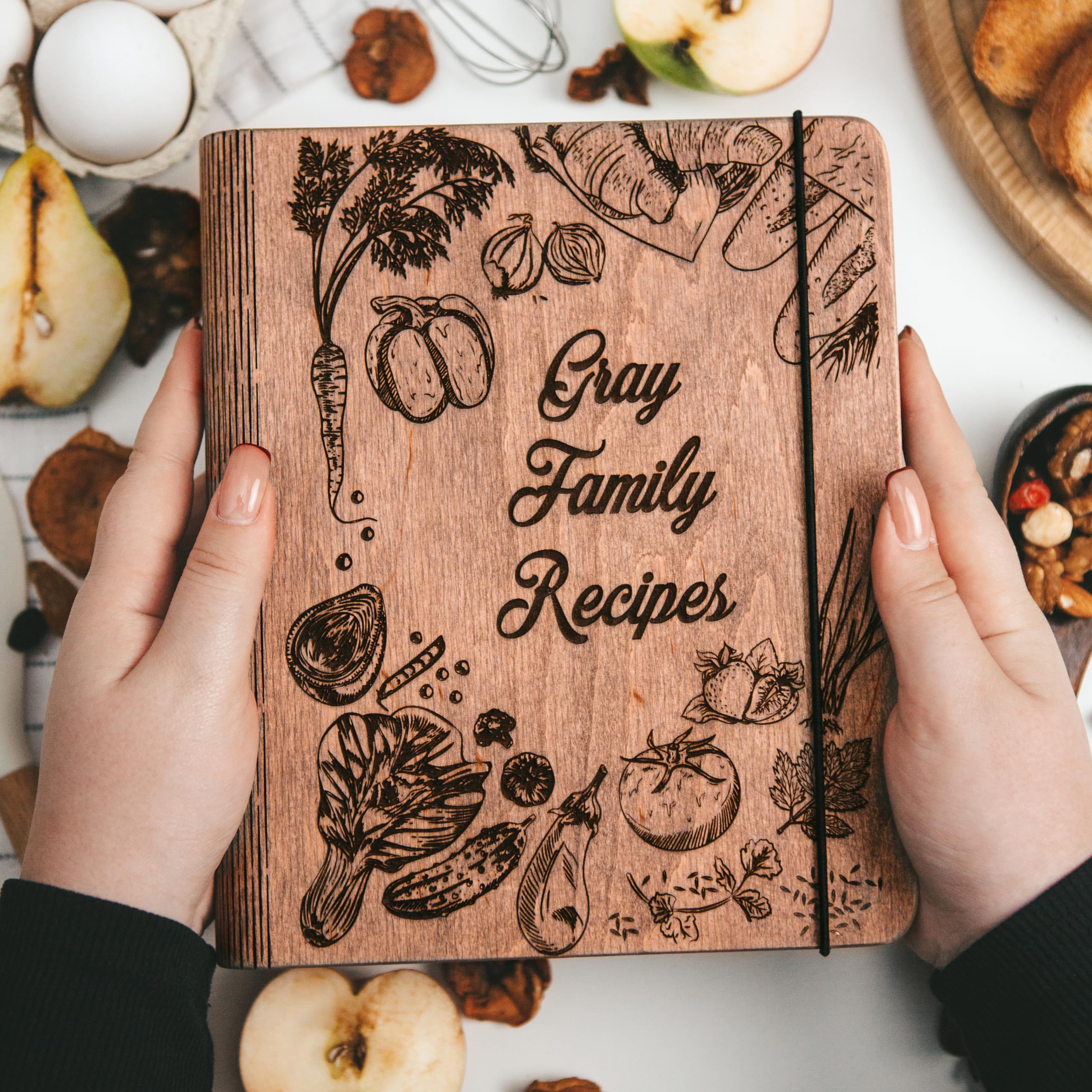 Personalized Wooden Recipe Book Binder - Custom Family Cookbook Journal for Writing Your Own Recipes - Hardcover Blank Recipe Organizer (A4 Size, Peppers Design) - Perfect for Home Chefs, Wedding Gifts & Family Heirloom Creation