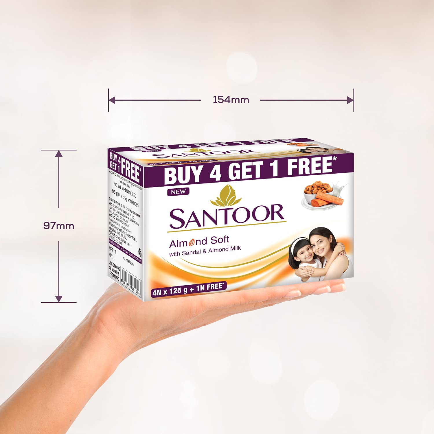 Santoor Sandal and Almond Milk Soap - Moisturizing & Exfoliating Bar (Pack of 2, 125g Each) | Buy 4 Get 1 Free | Perfect for Dry Skin & Daily Body Cleansing