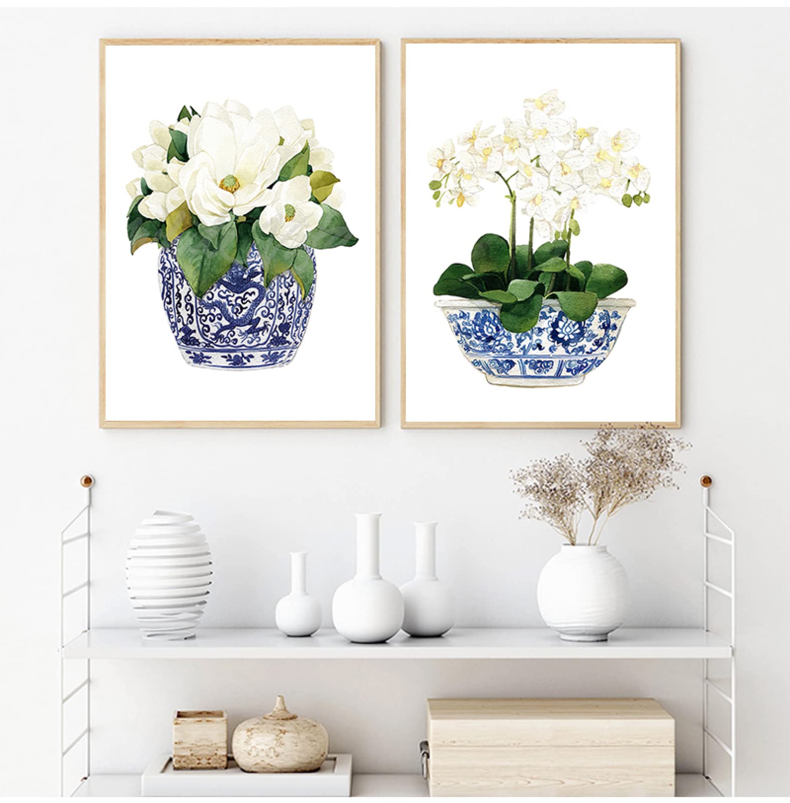 White Orchid & Magnolia Watercolor Chinoiserie Canvas Print - Oriental Blue & White Porcelain Vase Wall Art - Elegant Home Decor for Living Room, Bedroom & Office