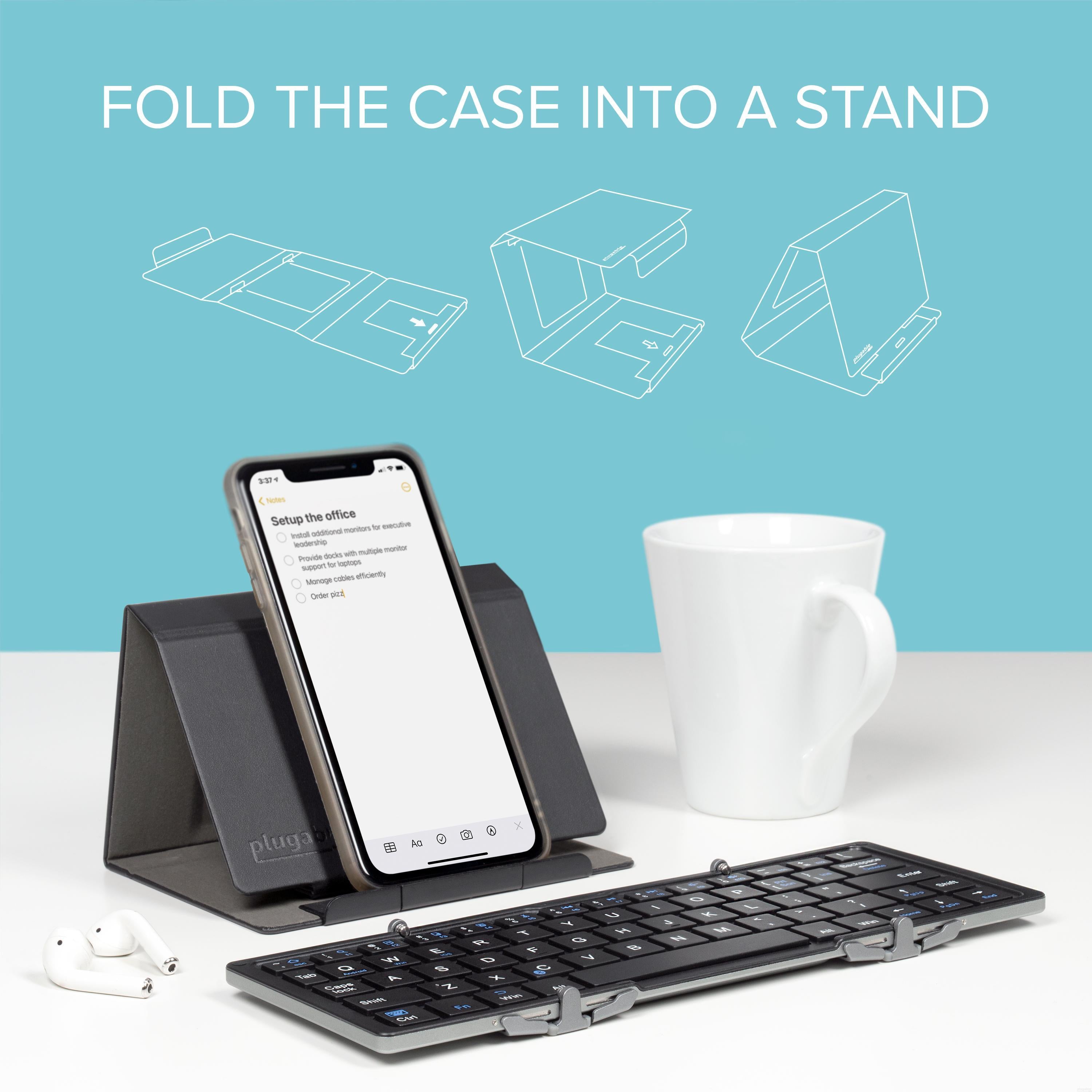 Plugable Compact Bluetooth® Folding Keyboard with Protective Case - Portable Wireless Keyboard for Travel, Office & Home Use