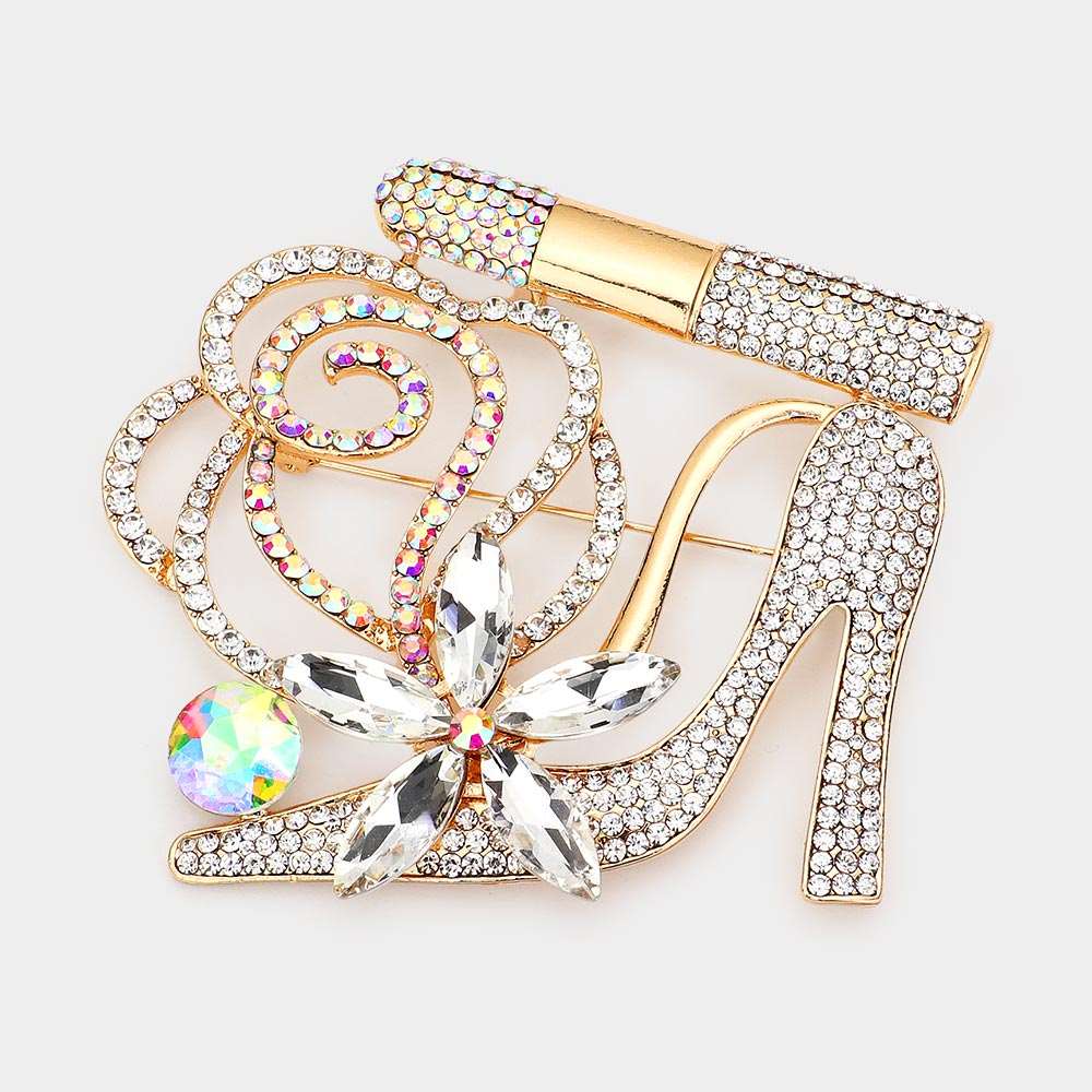 Gold Rhinestone High Heel Flower Lipstick Brooch Pin - Elegant Fashion Accessory for Women - Perfect for Dresses, Hats, Bags & Special Occasions