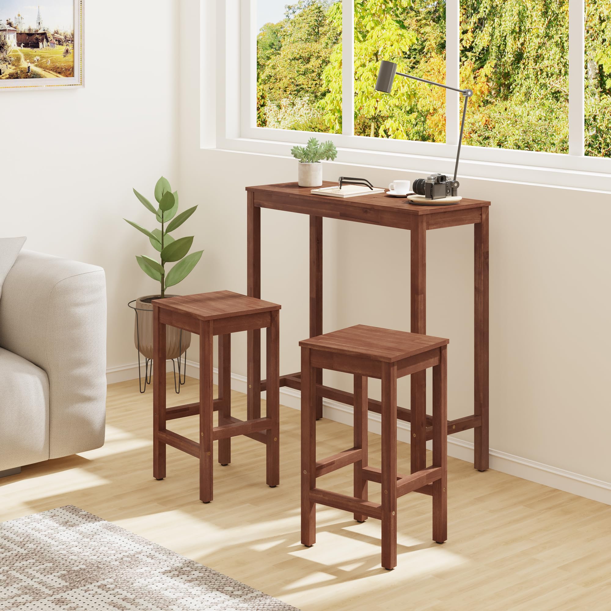 38 Inch Acacia Wood Bar Table and 2 Stools Set - Rectangular Counter Height Pub Table for Dining Room, Kitchen & Living Room - Teak Brown Finish - Perfect for Entertaining, Small Spaces & Modern Home Decor