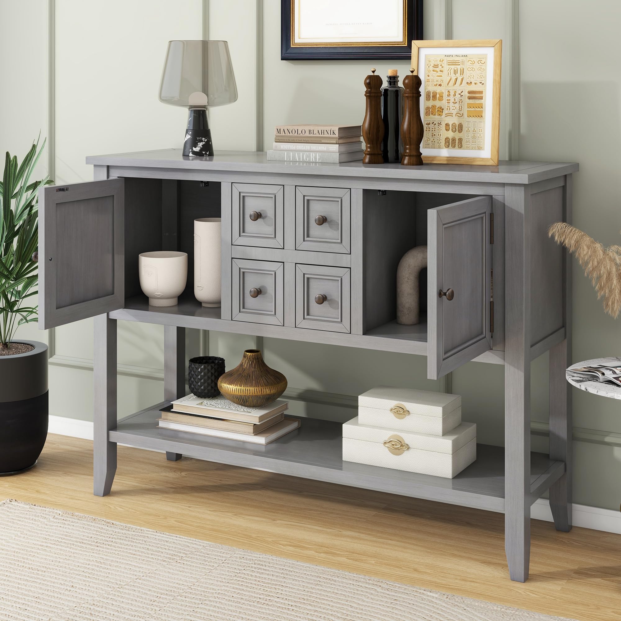 Merax Rustic Sideboard Buffet Cabinet with Storage - Antique Grey Console Table for Entryway, Living Room & Dining Room Storage Solution