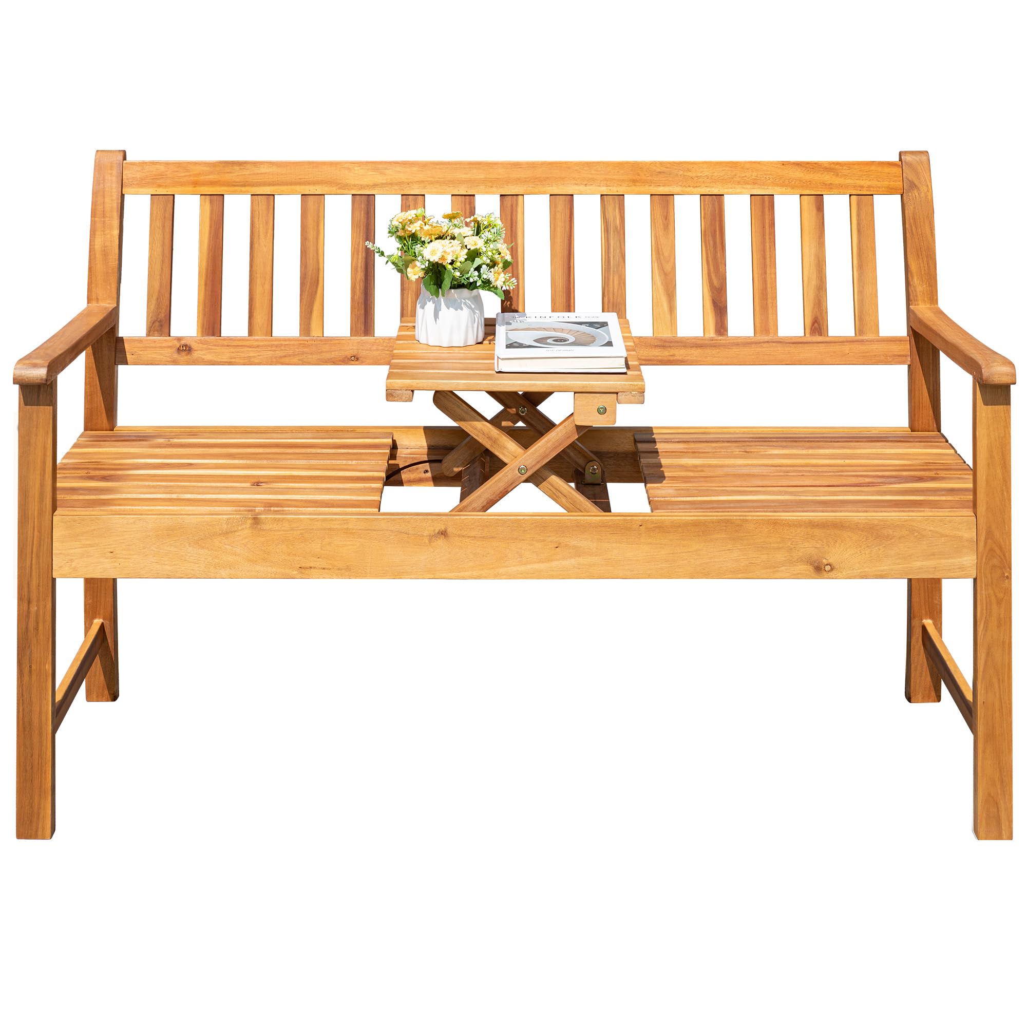Greesum Acacia Wood Patio Loveseat Conversation Set with Foldable Side Table - All-Weather Outdoor Bench for Porch, Garden, Backyard & Poolside - Perfect for Relaxing, Entertaining & Enjoying Nature