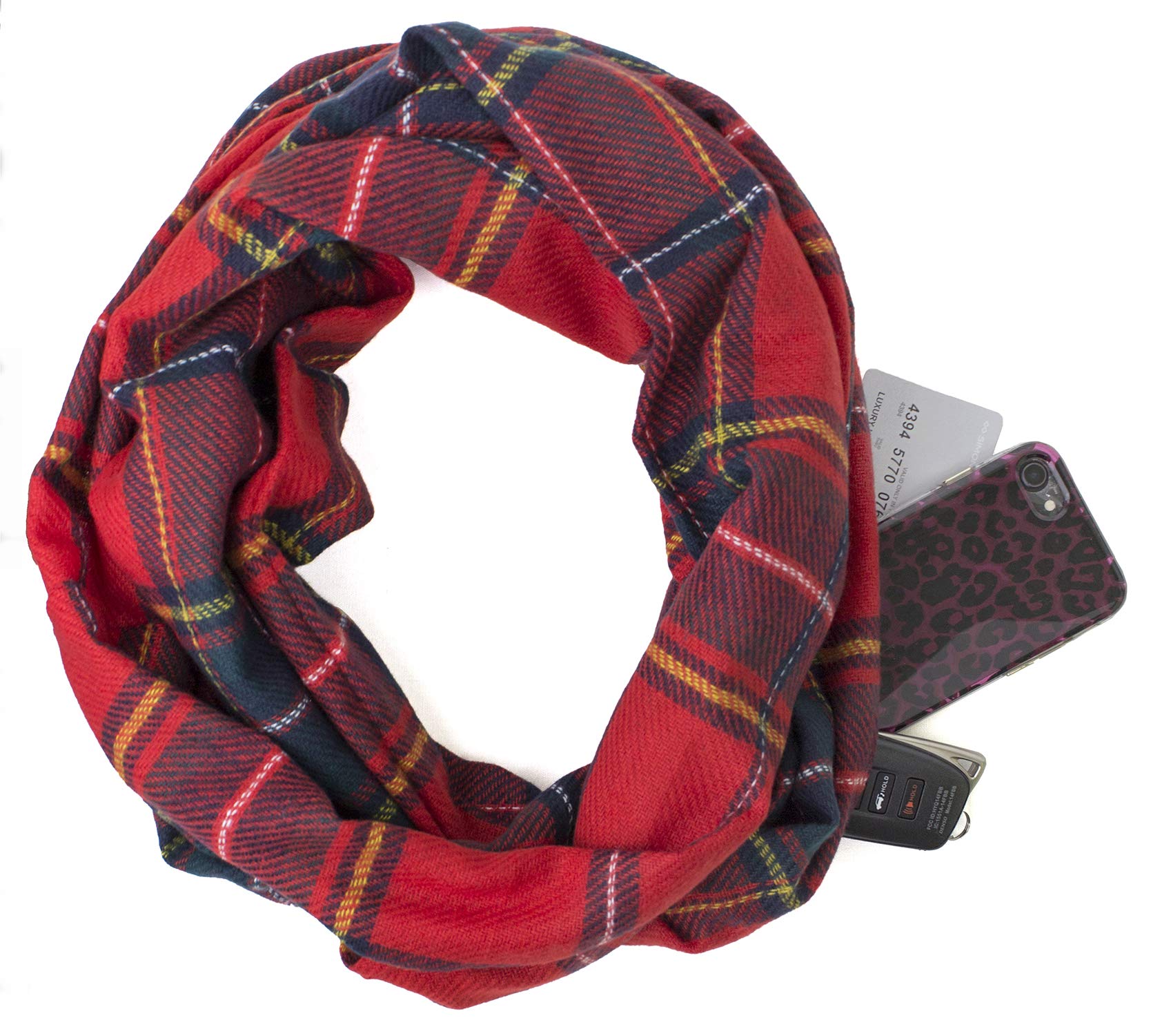 Stylish Winter Plaid Infinity Scarf with Hidden Zipper Pocket - Warm Fashion Travel Scarf for Women & Men - Perfect for Cold Weather, Outdoor Activities & Gift Giving