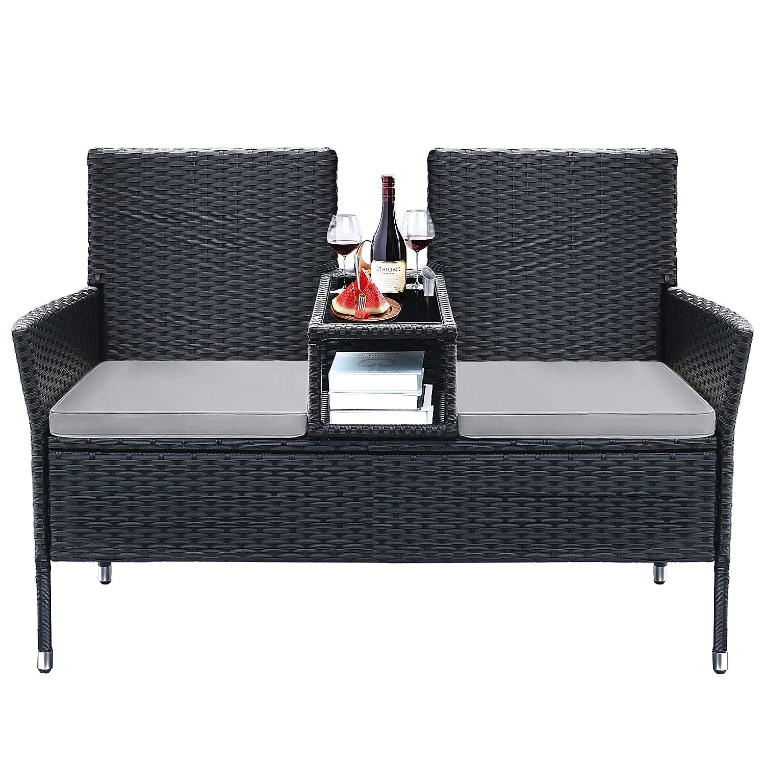 Devoko Modern Rattan Patio Loveseat Set with Cushions & Built-in Coffee Table - Outdoor Conversation Furniture for Garden, Lawn, Backyard, Porch (Grey) - Perfect for Relaxing, Entertaining Guests, and Enjoying Outdoor Living