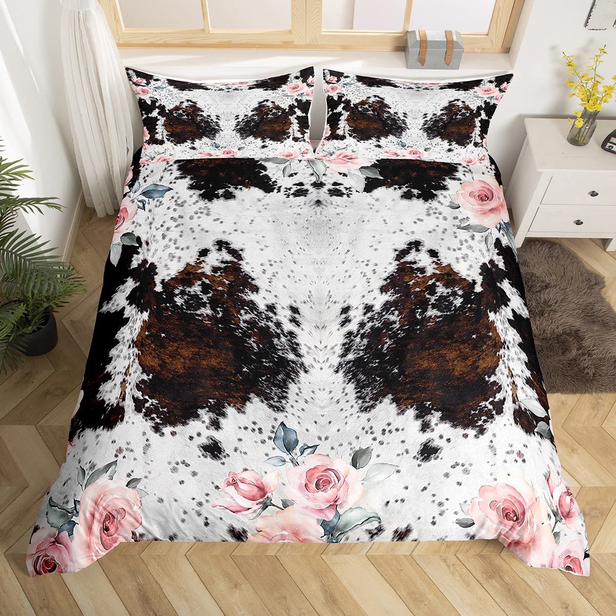 Rustic Cow Print Duvet Cover Set - Twin Size Highland Cow Animal Skin Comforter Cover with Pillowcase, Western Cowboy Themed Bedding for Adults, Women & Boys - Perfect for Farmhouse, Ranch, or Country Style Bedroom Decor