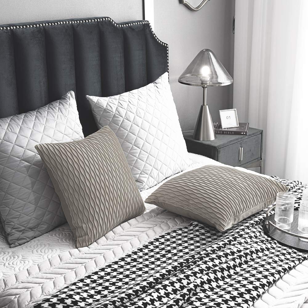 DEZENE 20x20 Inch Tan Velvet Throw Pillow Covers Set of 2 - Soft Striped Square Decorative Pillow Cases for Farmhouse, Living Room, Couch & Bedroom Decor