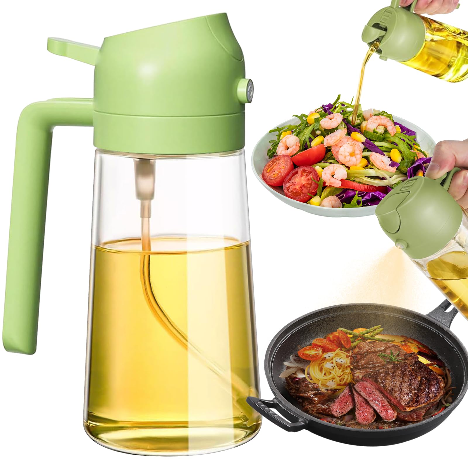 Premium 2-in-1 Oil Dispenser & Sprayer for Kitchen - 470ml Food Grade Cooking Oil Mister for Air Fryer, Salad, Grilling & Baking (Green) - Perfect for Healthy Cooking & Meal Prep