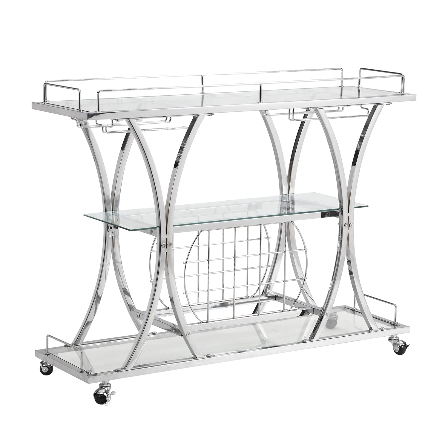 Modern Chrome Bar Cart with Wine Rack - Silver Glass & Metal Frame Wine Storage Console Table for Home, Kitchen, Dining Room | Perfect for Entertaining, Parties & Home Decor