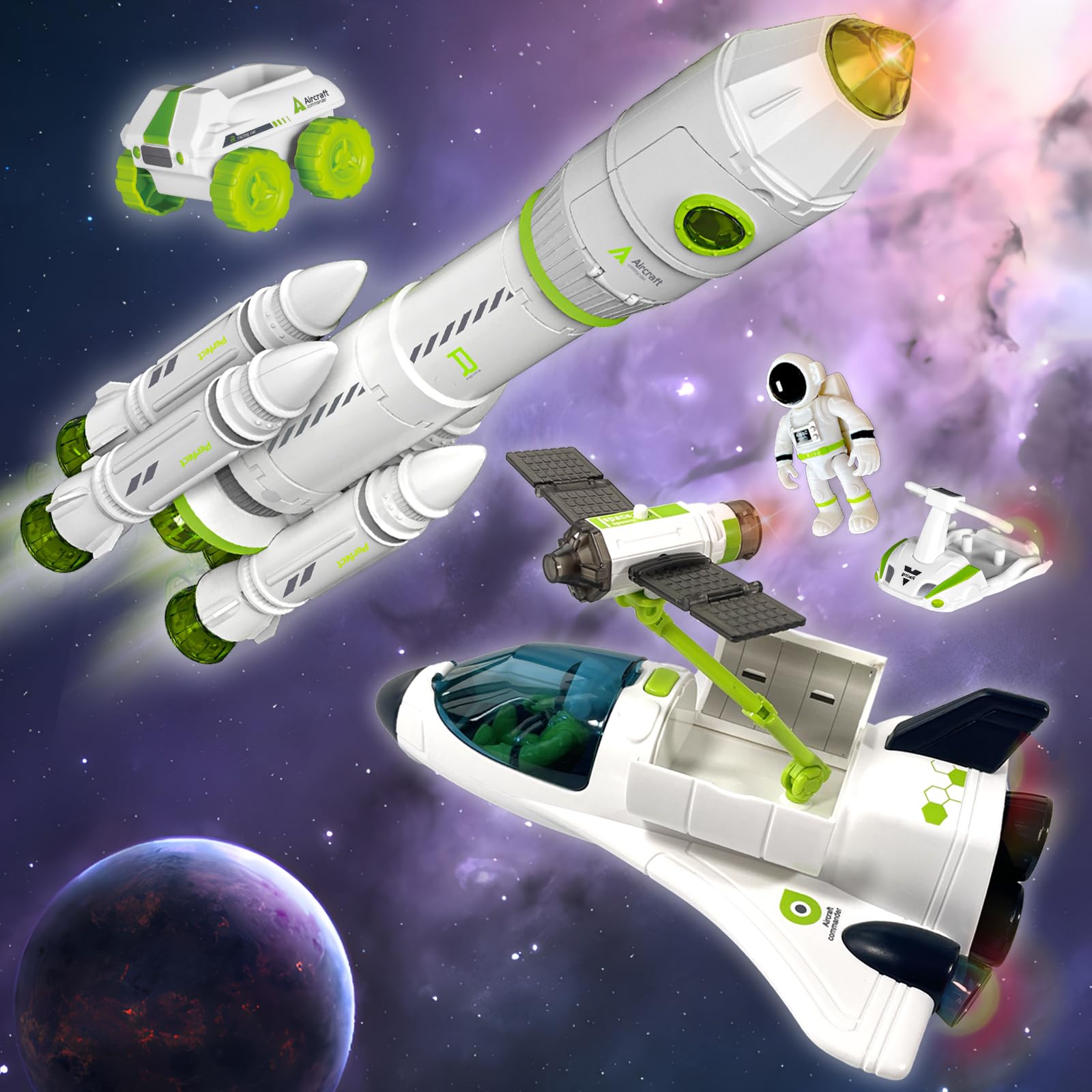 Space Rocket Shuttle Toy Set with Lights & Sounds - STEM Educational Spacecraft Airplane Toys for Kids Ages 3-8 - Includes Astronaut Figures - Perfect Birthday Gift for Boys & Girls - Great for Imaginative Play, Space Exploration Learning & Bedtime Adventures