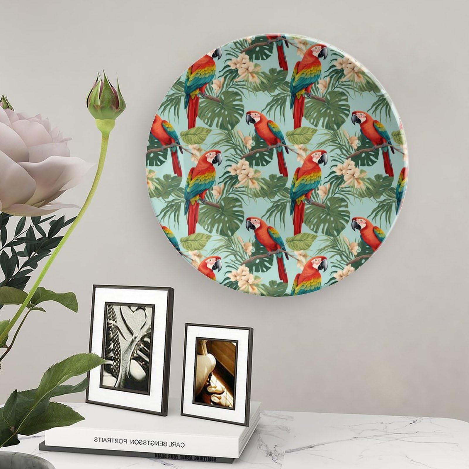 Vibrant Tropical Leaves & Parrot Ceramic Decorative Plates - Elegant Display & Dinner Plates with Stand for Kitchen, Dining Room & Home Decor | Perfect for Wall Art, Table Centerpieces & Gift Giving