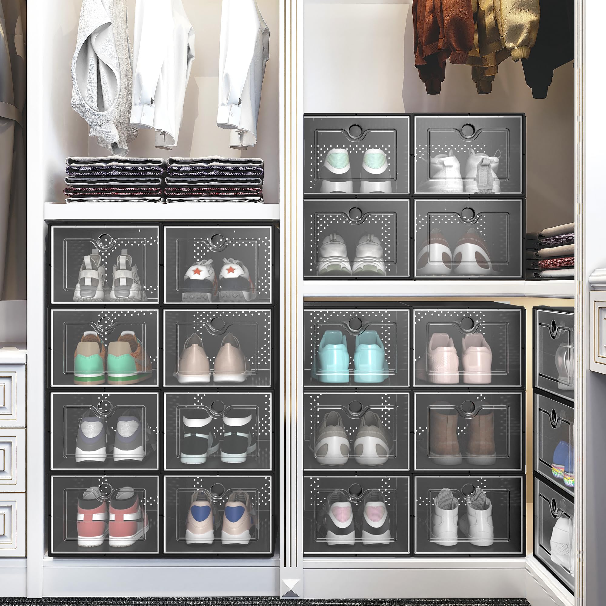 YITAHOME XL 24-Pack Shoe Storage Boxes - Fits Up to US Men's Size 15, Stackable Plastic Shoe Organizer Bins with Clear Front for Sneakers & Boots - Perfect for Closet, Bedroom & Entryway Organization (Black)