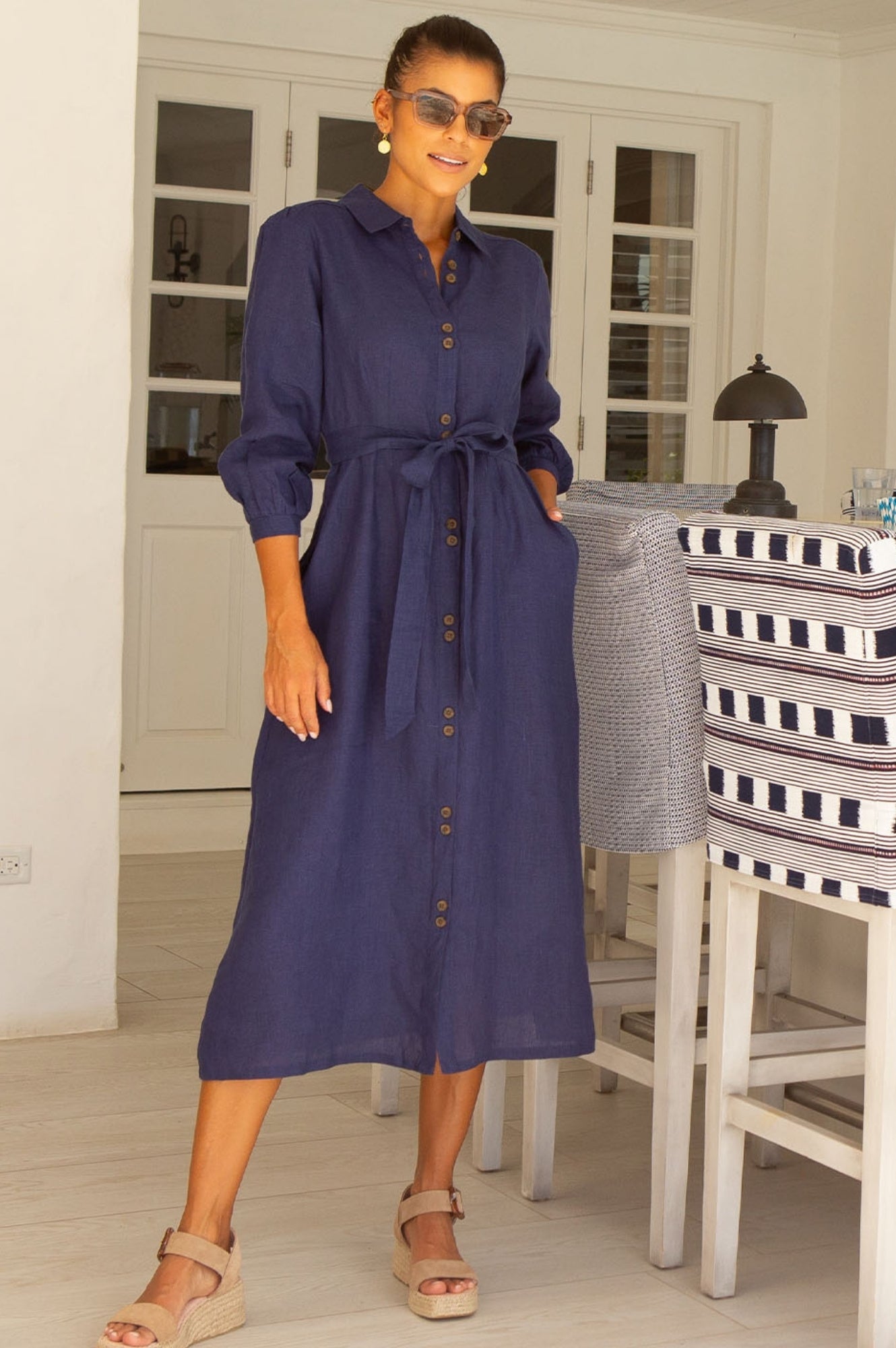 Premium Linen Shirt Dress for Women - Navy Blue Casual Summer Dress | Perfect for Beach, Vacation & Everyday Wear