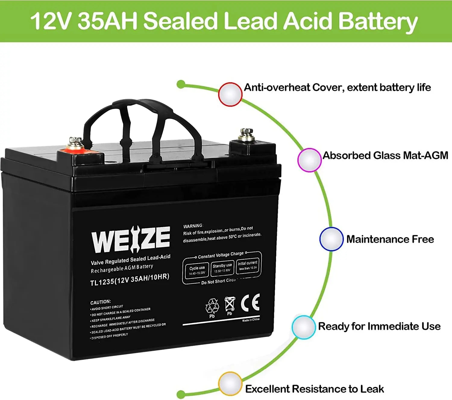 WEIZE 12V 35Ah Deep Cycle AGM Battery for Solar Power, RV, Marine & Off-Grid Applications - Maintenance-Free SLA Battery with Long Lifespan