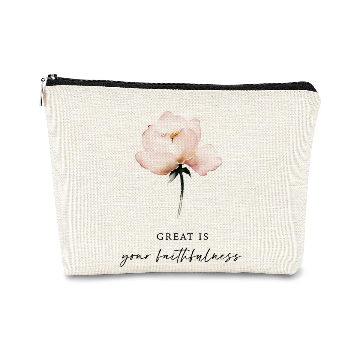 Christian Bible Scripture 'Great is Your Faithfulness' Makeup Bag - Watercolor Pink Flower Cosmetic Pouch with Zipper for Travel & Toiletry | Inspirational Christian Gifts for Women | Perfect for Church, Bible Study & Daily Devotion