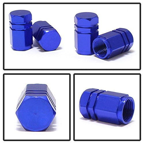 Blue Anodized Aluminum Tire Valve Caps - Hexagon Racing Style (4 Pack) - Perfect for Car, Motorcycle & Bike Customization & Performance Tuning
