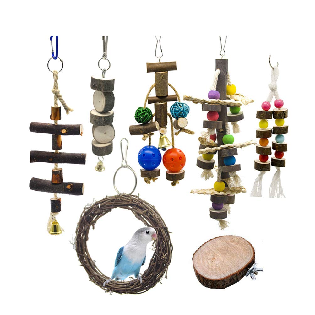 Balacoo Natural Wooden Parrot Chew Toy - 7pcs Hammock Swing & Hanging Bird Cage Toys for Parrots, Parakeets & Small/Large Birds | Cage Decoration & Stress Relief for Pet Birds