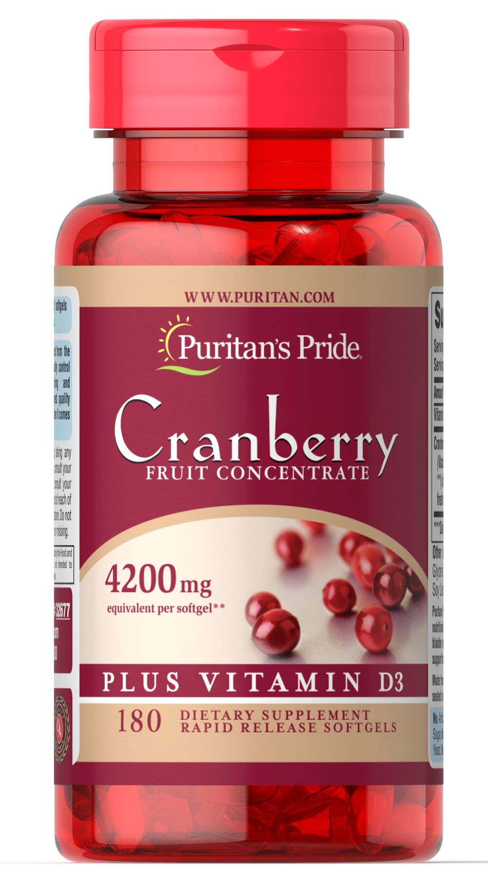 Puritan's Pride Cranberry Fruit Concentrate with Vitamin D3 - 180 Softgels for Urinary Tract & Immune Support - Supports Bladder Health & Bone Strength