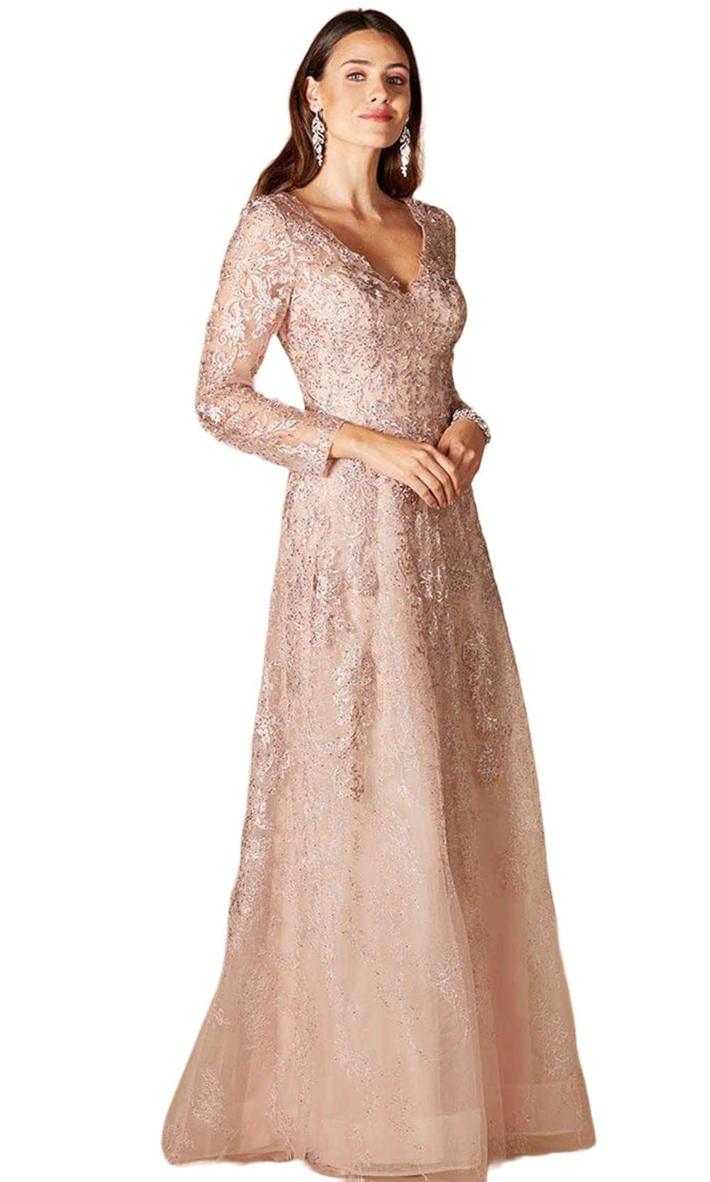 Lara Dresses 29326 Floral Lace Plunging V-Neck Long Sleeve Evening Gown - Blush Size 14 | Perfect for Weddings, Proms & Formal Events
