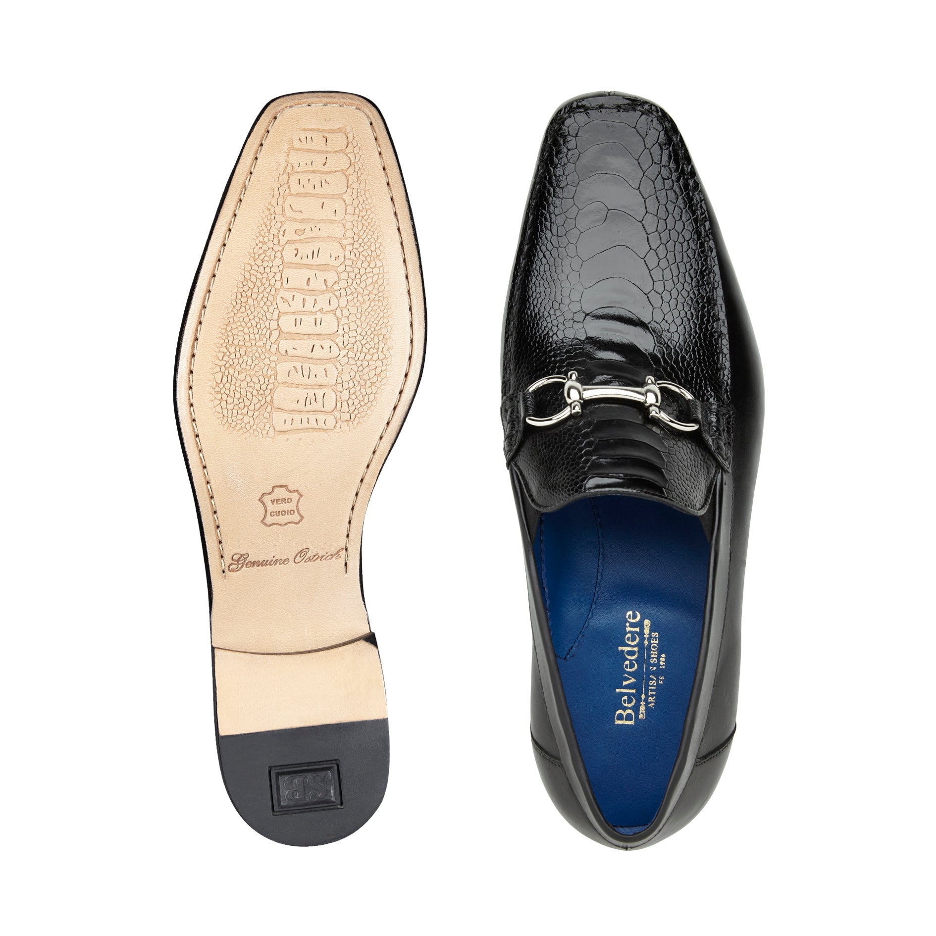 Belvedere Bruno Genuine Ostrich Leg & Italian Calf Leather Loafers - Black Dress Shoes 1026 | Premium Men's Formal Footwear for Business, Weddings & Special Occasions