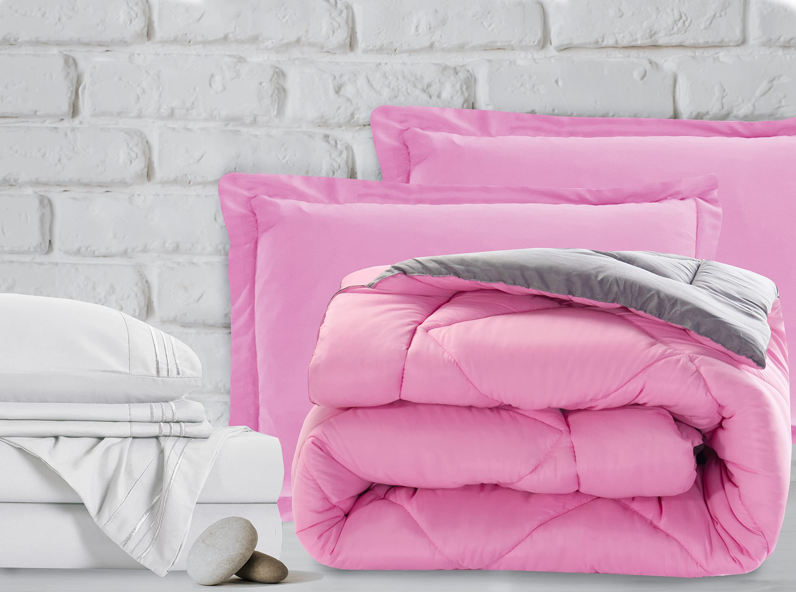 Luxury 7-Piece Twin Size Bed in a Bag Set - 1500 Thread Count Comforter & Sheet Collection | Ultra Soft, Wrinkle & Stain Resistant | Pink & Gray | Perfect for Guest Rooms, Dorms & Cozy Bedrooms