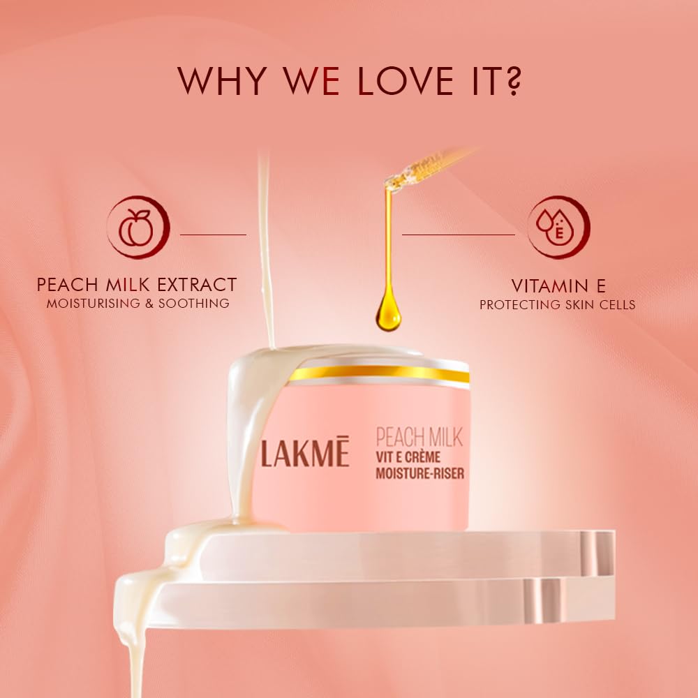 LAKMÉ Peach Milk Soft Crème Moisturizer - Lightweight 24-Hour Hydrating Face Cream for Dry Skin, 50g | Day & Night Moisturizer for Glowing Skin