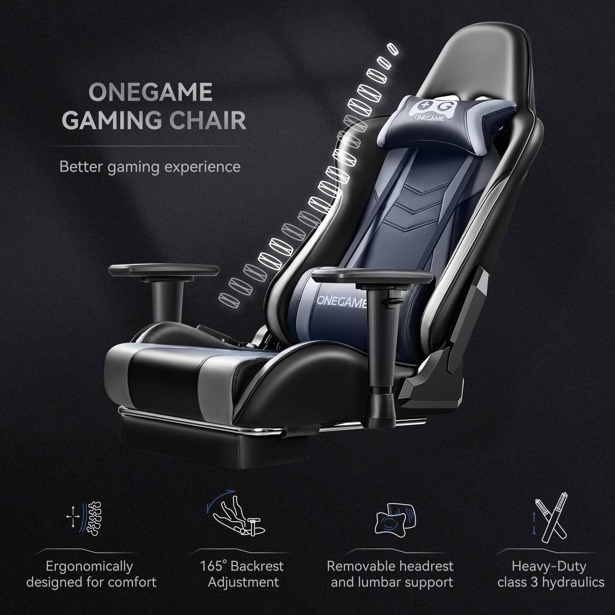 OneGame Ergonomic Gaming Chair for Adults - 3D Adjustable Armrests, Footrest & Lumbar Support - PU Leather Racing Style Computer Chair for Office & Video Games (Black/Gray) - Perfect for Esports, Streaming & Home Office Workspace