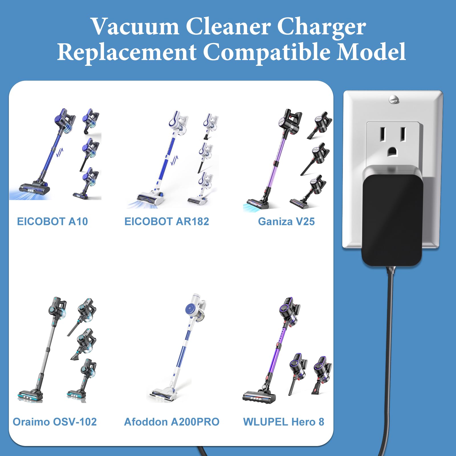 Original Vacuum Cleaner Charger for EICOBOT A10 AR182/Ganiza V25/Oraimo OSV-102/WLUPEL Hero 8/Kyvol V20/Afoddon A200PRO - Replacement Power Cord for Cordless Vacuums - Perfect for Home Cleaning & Quick Recharging