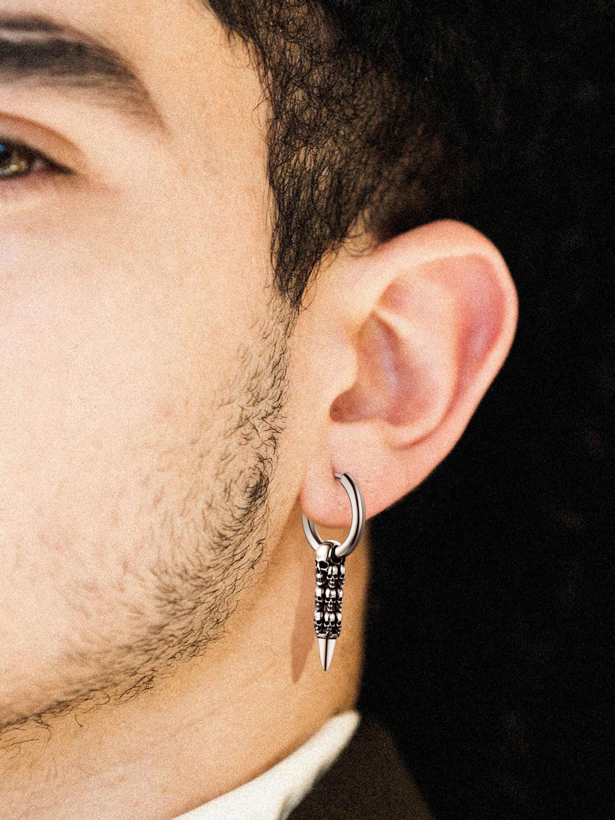 Gothic Skull Earrings for Men - Punk Skull Stud & Hoop Earrings in Stainless Steel & Black - Cool Halloween Jewelry with Gift Box - Perfect for Punk Fashion, Gothic Style & Halloween Costumes
