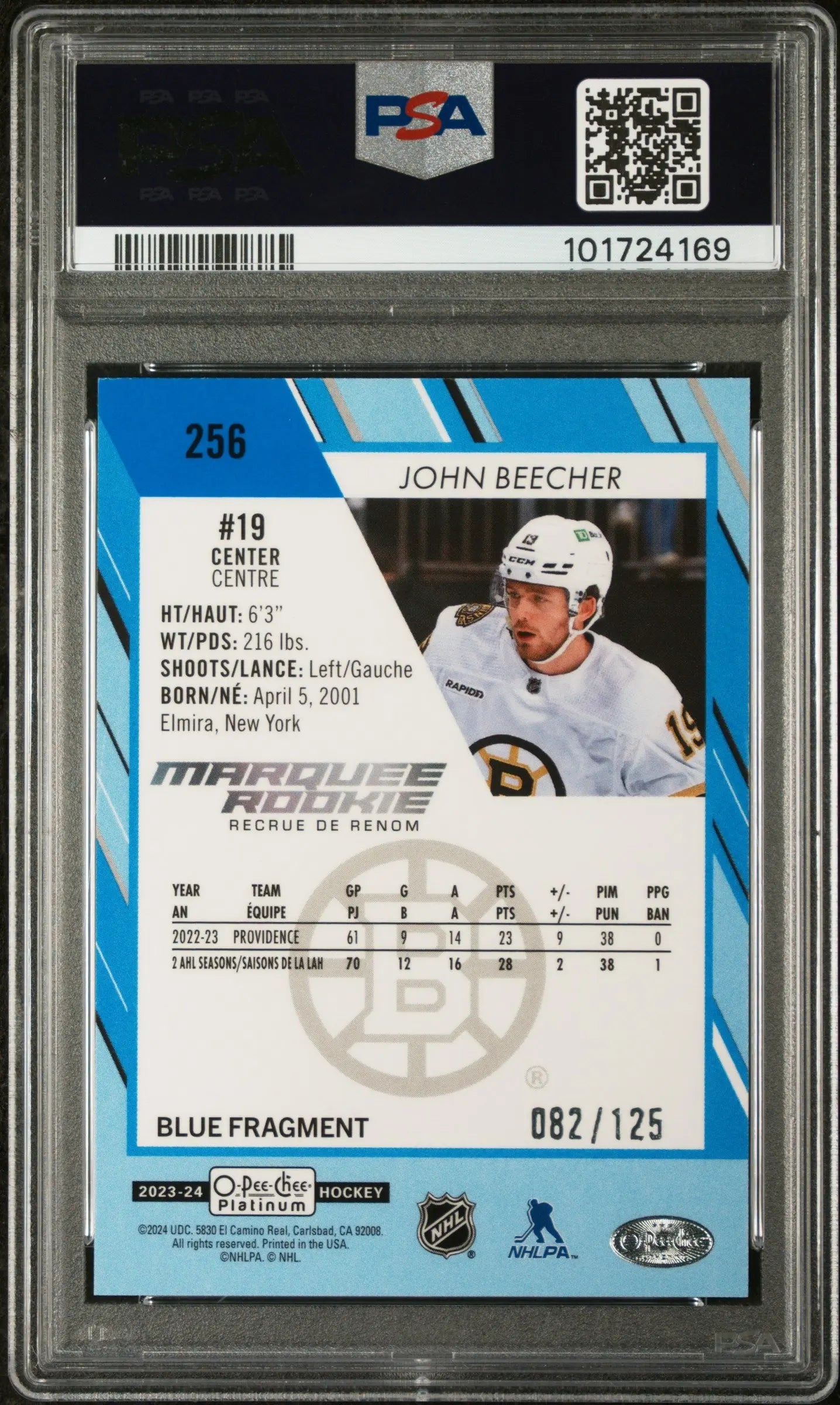2023 O Pee Chee Platinum John Beecher Marquee Rookie Blue Fragments PSA 10 /125 Hockey Trading Card - Perfect for Collectors, Sports Memorabilia Enthusiasts & NHL Fans