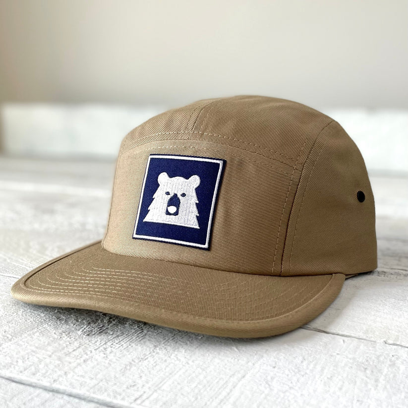 5 Panel Hat - Khaki with Framed Bear Design - Casual Outdoor & Streetwear Accessory for Men and Women