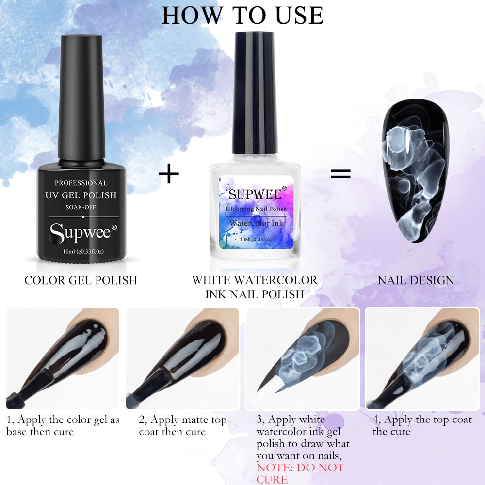 White Marble Watercolor Gel Nail Polish - DIY Flower Nail Art for Home Manicure