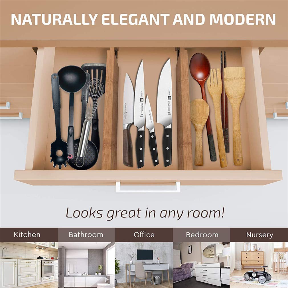 Ulalaza 2-Pack Adjustable Bamboo Drawer Organizers - Expandable Spring-Loaded Dividers for Kitchen, Dresser, Bedroom, Baby Clothes & Bathroom Storage - Perfect for Desk Drawer Organization