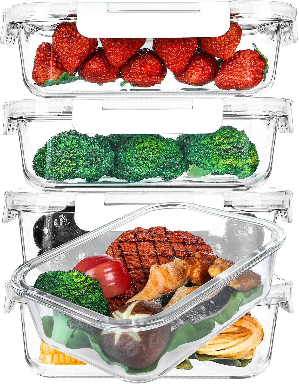 5-Pack 36 Oz Glass Meal Prep Containers with Locking Lids - Airtight Food Storage Containers for Lunch, Microwave, Oven, Freezer & Dishwasher Safe (4.5 Cup, White) - Perfect for Meal Prepping, Leftovers & Office Lunches