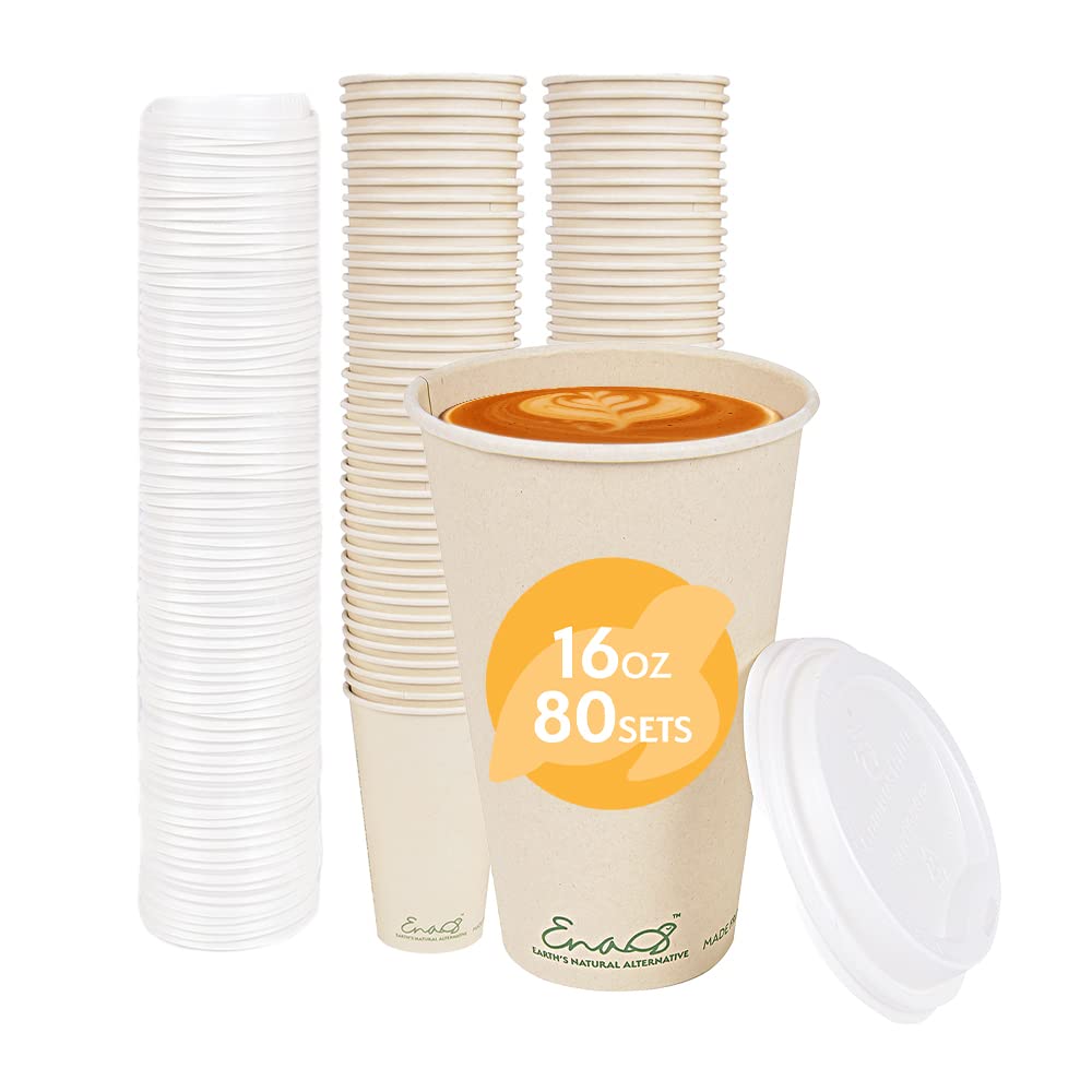 Eco-Friendly 100% Compostable Bamboo Coffee Cups with Lids - 16oz (80 Count) | Unbleached Paper Cups & Plant-Based Lids | Perfect for Coffee Shops, Offices & Sustainable Events | Biodegradable To-Go Cups