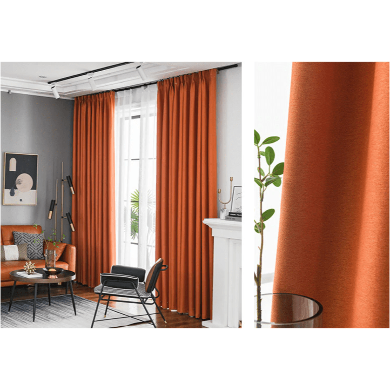 Rémy Blackout Double Sided Plain Linen Thermal Insulated Curtains - Orange | Noise Reducing & Energy Efficient Window Treatments for Bedroom, Living Room & Office