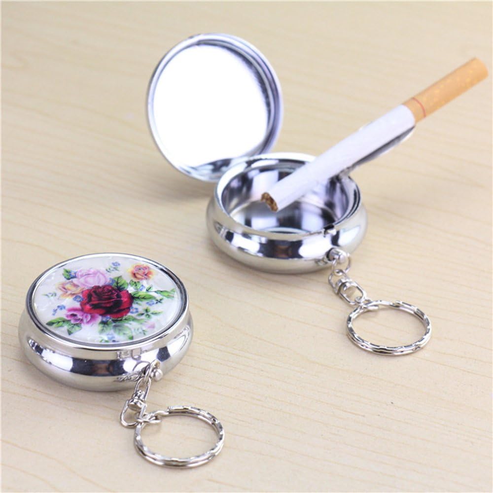 2-Pack Portable Pocket Ashtray & Car Cigarette Ashtray - Mini Stainless Steel Keychain Ashtray with Snuffer - Compact Travel Ash Holder for Outdoor, Camping, Hiking and Road Trips (Colorful Patterns)
